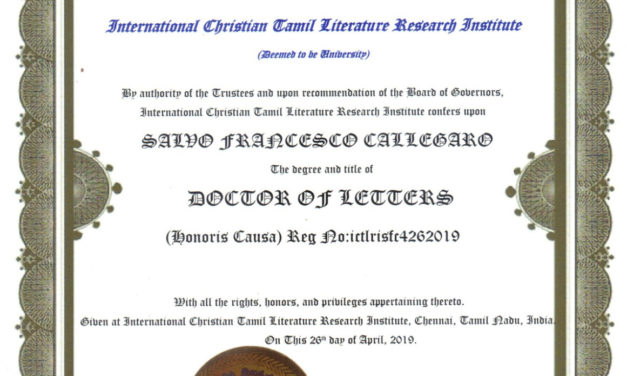 A Francesco Callegaro  Laurea Honoris Causa in Lettere della International Christian Tamil Literature Research Institute in India
