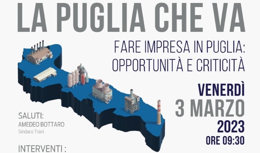 Il 3 marzo a Trani convegno su “La Puglia che va. Fare impresa in Puglia: opportunità e criticità”